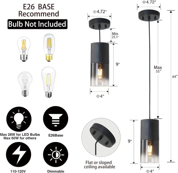 2-Pack Black Pendant Light Fixtures, Adjustable Modern Pendant Lights for Kitchen Island, Industrial Glass Pendant Lights for Dining Table Hallway Bedroom Living Room - Image 3