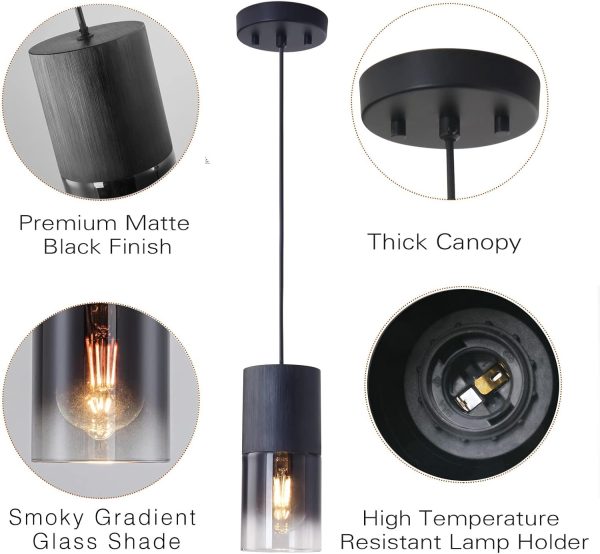 2-Pack Black Pendant Light Fixtures, Adjustable Modern Pendant Lights for Kitchen Island, Industrial Glass Pendant Lights for Dining Table Hallway Bedroom Living Room - Image 4