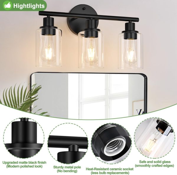 3-Light Bathroom Light Fixtures, Black Modern Vanity Lights with Clear Glass Shade, Bathroom Wall Lamp for Mirror Kitchen Living Room Hallway Cabinet Porch - Image 2