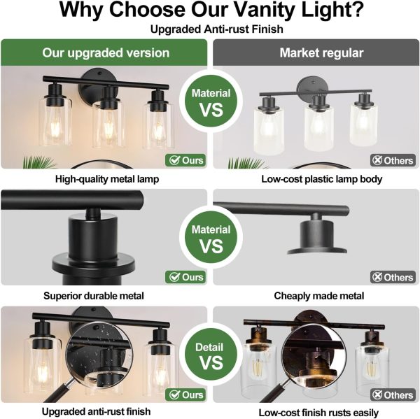 3-Light Bathroom Light Fixtures, Black Modern Vanity Lights with Clear Glass Shade, Bathroom Wall Lamp for Mirror Kitchen Living Room Hallway Cabinet Porch - Image 3