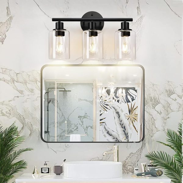 3-Light Bathroom Light Fixtures, Black Modern Vanity Lights with Clear Glass Shade, Bathroom Wall Lamp for Mirror Kitchen Living Room Hallway Cabinet Porch - Image 4