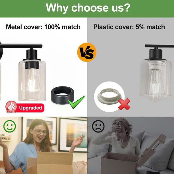 3-Light Bathroom Light Fixtures, Black Modern Vanity Lights with Clear Glass Shade, Bathroom Wall Lamp for Mirror Kitchen Living Room Hallway Cabinet Porch - Image 5