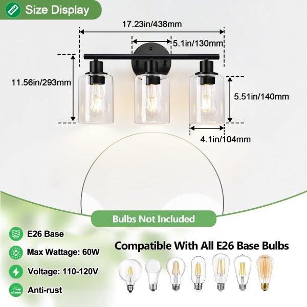 3-Light Bathroom Light Fixtures, Black Modern Vanity Lights with Clear Glass Shade, Bathroom Wall Lamp for Mirror Kitchen Living Room Hallway Cabinet Porch - Image 6