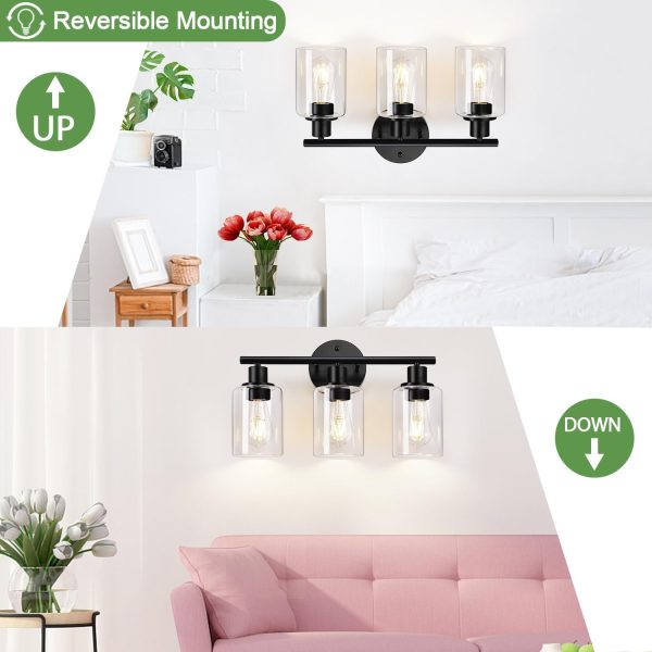 3-Light Bathroom Light Fixtures, Black Modern Vanity Lights with Clear Glass Shade, Bathroom Wall Lamp for Mirror Kitchen Living Room Hallway Cabinet Porch - Image 7