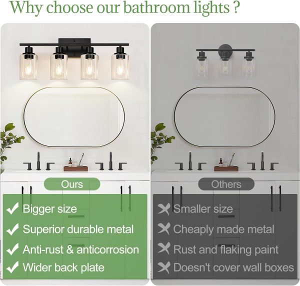 4-Light Bathroom Light Fixtures, Bathroom Vanity Lights with Clear Glass Shades, Matte Black Bathroom Light Fixtures over mirror, Modern Bathroom Wall Lamp for Mirror Living Room Cabinet Bedroom Porch - Image 2