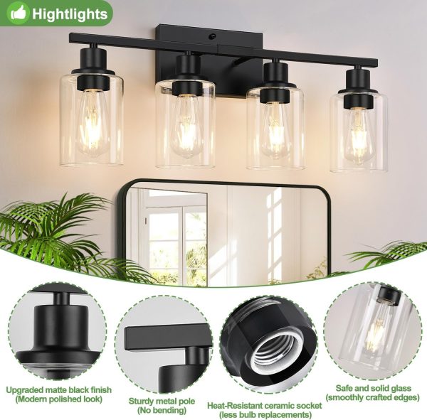 4-Light Bathroom Light Fixtures, Bathroom Vanity Lights with Clear Glass Shades, Matte Black Bathroom Light Fixtures over mirror, Modern Bathroom Wall Lamp for Mirror Living Room Cabinet Bedroom Porch - Image 3