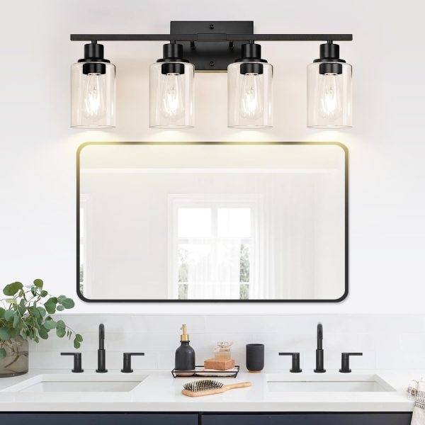 4-Light Bathroom Light Fixtures, Bathroom Vanity Lights with Clear Glass Shades, Matte Black Bathroom Light Fixtures over mirror, Modern Bathroom Wall Lamp for Mirror Living Room Cabinet Bedroom Porch - Image 5