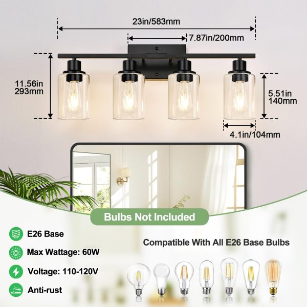 4-Light Bathroom Light Fixtures, Bathroom Vanity Lights with Clear Glass Shades, Matte Black Bathroom Light Fixtures over mirror, Modern Bathroom Wall Lamp for Mirror Living Room Cabinet Bedroom Porch - Image 7