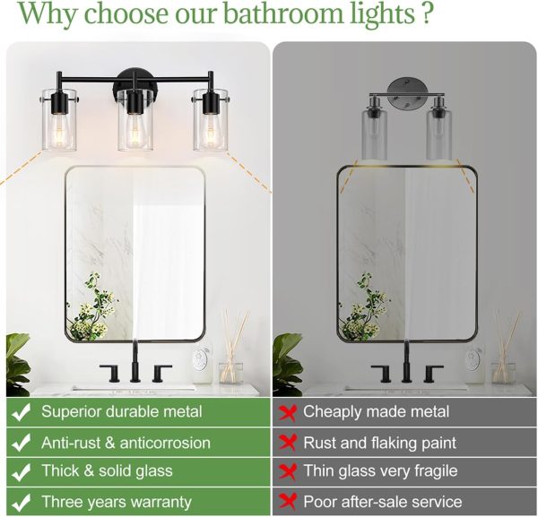 Bathroom Light Fixtures 2023 Upgrade, 3-Light Matte Black Bathroom Vanity Light, Black Bathroom Lights Over Mirror with Clear Glass Shade, Bathroom Wall Sconces for Mirror Bedroom Living Room Hallway - Image 2