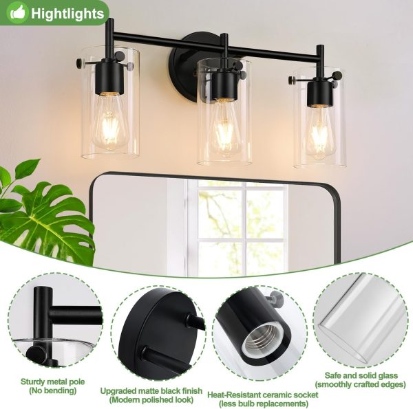 Bathroom Light Fixtures 2023 Upgrade, 3-Light Matte Black Bathroom Vanity Light, Black Bathroom Lights Over Mirror with Clear Glass Shade, Bathroom Wall Sconces for Mirror Bedroom Living Room Hallway - Image 3