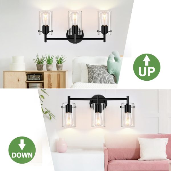 Bathroom Light Fixtures 2023 Upgrade, 3-Light Matte Black Bathroom Vanity Light, Black Bathroom Lights Over Mirror with Clear Glass Shade, Bathroom Wall Sconces for Mirror Bedroom Living Room Hallway - Image 6