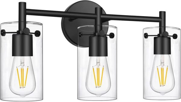 Bathroom Light Fixtures 2023 Upgrade, 3-Light Matte Black Bathroom Vanity Light, Black Bathroom Lights Over Mirror with Clear Glass Shade, Bathroom Wall Sconces for Mirror Bedroom Living Room Hallway - Image 7