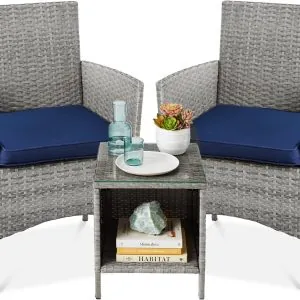 Best Choice Products 3-Piece Outdoor Wicker Conversation Bistro Set, Space Saving Patio Furniture for Garden w/Side Table - Gray/Navy