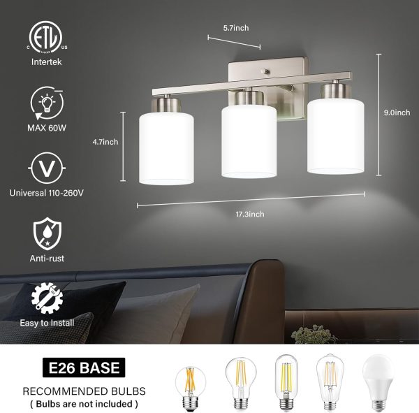 Brushed Nickel Bathroom Light Fixtures, 3-Light Modern Vanity Light Over Mirror, Wall Sconces with Milky White Frosted Glass Shades, E26 Socket (Bulbs Not Included) - Image 2