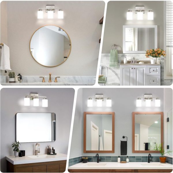 Brushed Nickel Bathroom Light Fixtures, 3-Light Modern Vanity Light Over Mirror, Wall Sconces with Milky White Frosted Glass Shades, E26 Socket (Bulbs Not Included) - Image 3