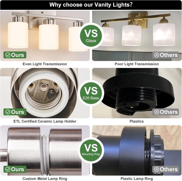 Brushed Nickel Bathroom Light Fixtures, 3-Light Modern Vanity Light Over Mirror, Wall Sconces with Milky White Frosted Glass Shades, E26 Socket (Bulbs Not Included) - Image 4