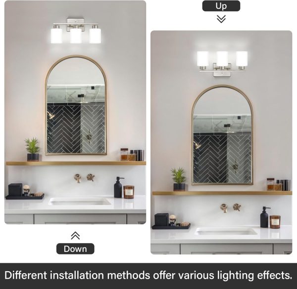 Brushed Nickel Bathroom Light Fixtures, 3-Light Modern Vanity Light Over Mirror, Wall Sconces with Milky White Frosted Glass Shades, E26 Socket (Bulbs Not Included) - Image 5