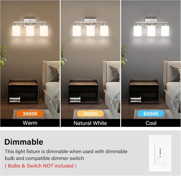 Brushed Nickel Bathroom Light Fixtures, 3-Light Modern Vanity Light Over Mirror, Wall Sconces with Milky White Frosted Glass Shades, E26 Socket (Bulbs Not Included) - Image 6