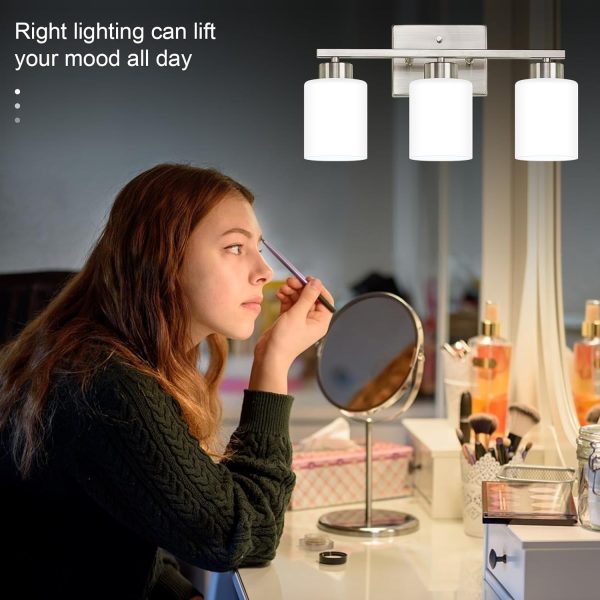 Brushed Nickel Bathroom Light Fixtures, 3-Light Modern Vanity Light Over Mirror, Wall Sconces with Milky White Frosted Glass Shades, E26 Socket (Bulbs Not Included) - Image 7