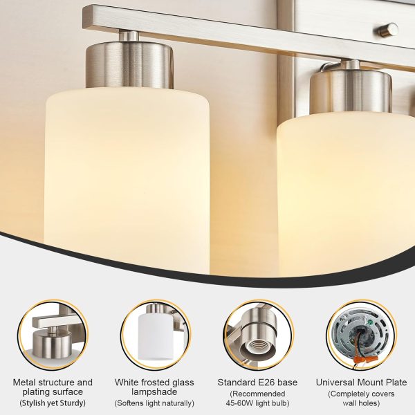 Brushed Nickel Bathroom Light Fixtures, 3-Light Modern Vanity Light Over Mirror, Wall Sconces with Milky White Frosted Glass Shades, E26 Socket (Bulbs Not Included) - Image 8