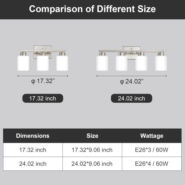 Brushed Nickel Bathroom Light Fixtures, 3-Light Modern Vanity Light Over Mirror, Wall Sconces with Milky White Frosted Glass Shades, E26 Socket (Bulbs Not Included) - Image 9