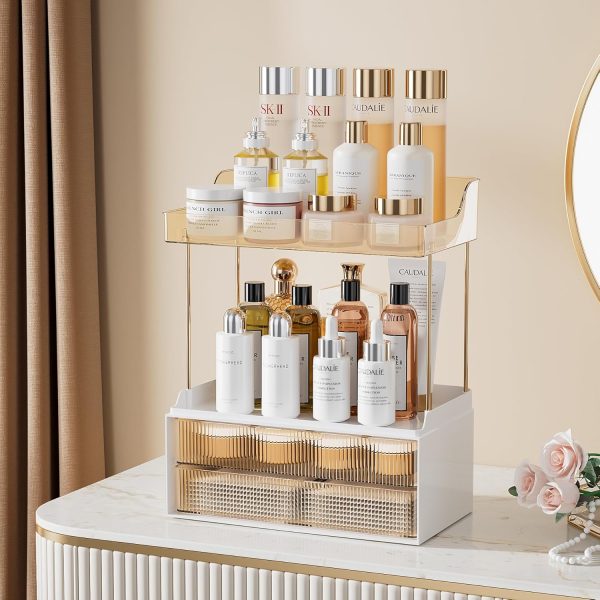 Delamu 2-Tier 2-Drawer Bathroom Organizer Countertop, Multi-Purpose Makeup Organizer Countertop, Large Skincare Organizers, Exquisite Vanity Organizer, Amber - Image 2