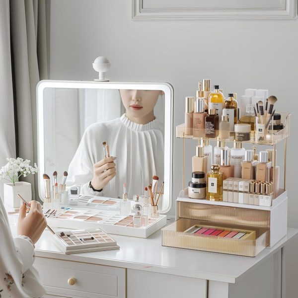 Delamu 2-Tier 2-Drawer Bathroom Organizer Countertop, Multi-Purpose Makeup Organizer Countertop, Large Skincare Organizers, Exquisite Vanity Organizer, Amber - Image 3