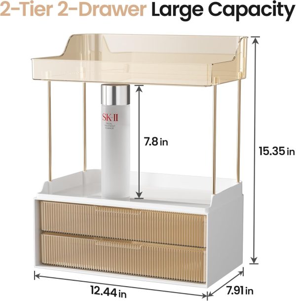 Delamu 2-Tier 2-Drawer Bathroom Organizer Countertop, Multi-Purpose Makeup Organizer Countertop, Large Skincare Organizers, Exquisite Vanity Organizer, Amber - Image 6