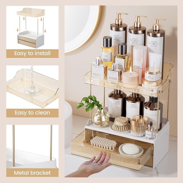 Delamu 2-Tier 2-Drawer Bathroom Organizer Countertop, Multi-Purpose Makeup Organizer Countertop, Large Skincare Organizers, Exquisite Vanity Organizer, Amber - Image 8