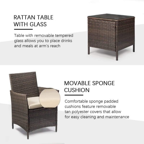 Devoko Patio Porch Furniture Sets 3 Pieces PE Rattan Wicker Chairs with Table Outdoor Garden Furniture Sets (Brown/Beige) - Image 4
