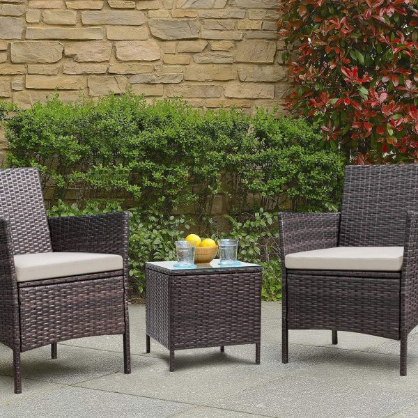 Devoko Patio Porch Furniture Sets 3 Pieces PE Rattan Wicker Chairs with Table Outdoor Garden Furniture Sets (Brown/Beige) - Image 6