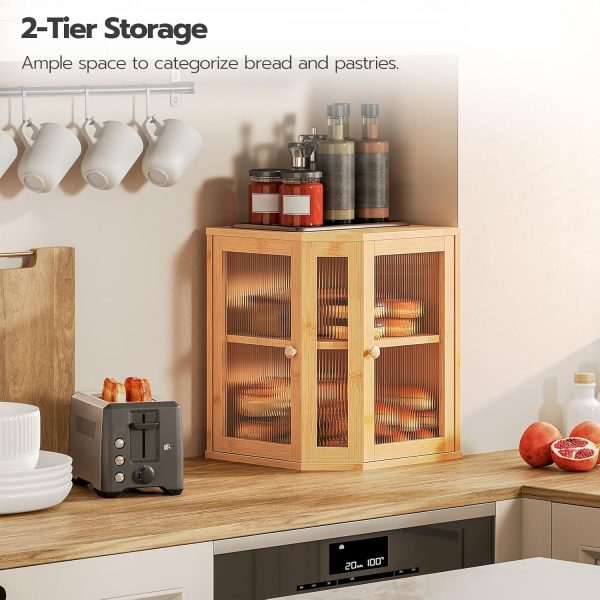 HOOBRO Bamboo Bread Box, Kitchen Countertop Corner Bread Box, Large Capacity 2-Tier Bread Box, Bread Storage Container with Dual Rippled Acrylic Doors, for Kitchen Food Storage, Natural YL12MB01 - Image 4