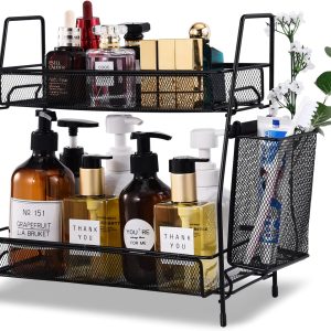 LEMIKKLE Countertop Organizer for Bathroom Counter, The Organizer for Bedroom, Spice Rack Organizer for Kitchen Counter Shelf with Small Basket(Black)
