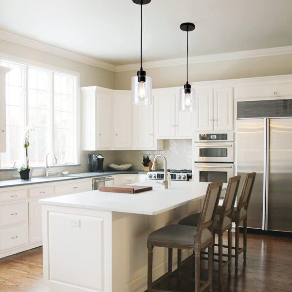 Modern Black Farmhouse Clear Glass Cylinder Pendant Light Fixture,Island Lights for Kitchen,Mini Pendant Lighting for Kitchen Island Decor - 4.75 Inch Shade 58 Inch Cord (Black 2 Pack) - Image 2