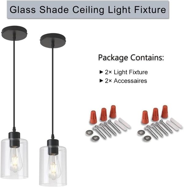 Modern Black Farmhouse Clear Glass Cylinder Pendant Light Fixture,Island Lights for Kitchen,Mini Pendant Lighting for Kitchen Island Decor - 4.75 Inch Shade 58 Inch Cord (Black 2 Pack) - Image 3