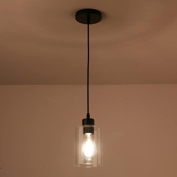 Modern Black Farmhouse Clear Glass Cylinder Pendant Light Fixture,Island Lights for Kitchen,Mini Pendant Lighting for Kitchen Island Decor - 4.75 Inch Shade 58 Inch Cord (Black 2 Pack) - Image 4