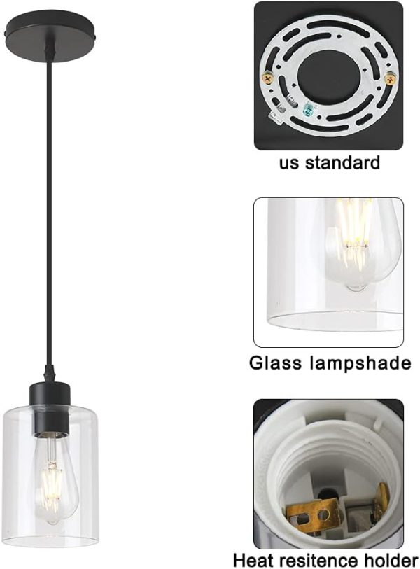 Modern Black Farmhouse Clear Glass Cylinder Pendant Light Fixture,Island Lights for Kitchen,Mini Pendant Lighting for Kitchen Island Decor - 4.75 Inch Shade 58 Inch Cord (Black 2 Pack) - Image 5