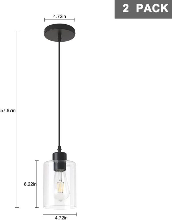 Modern Black Farmhouse Clear Glass Cylinder Pendant Light Fixture,Island Lights for Kitchen,Mini Pendant Lighting for Kitchen Island Decor - 4.75 Inch Shade 58 Inch Cord (Black 2 Pack) - Image 6