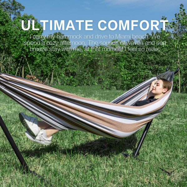 PNAEUT Double Hammock with Space Saving Steel Stand Included 2 Person Heavy Duty Outside Garden Yard Outdoor 450lb Capacity 2 People Standing Hammocks and Portable Carrying Bag (Coffee) - Image 3