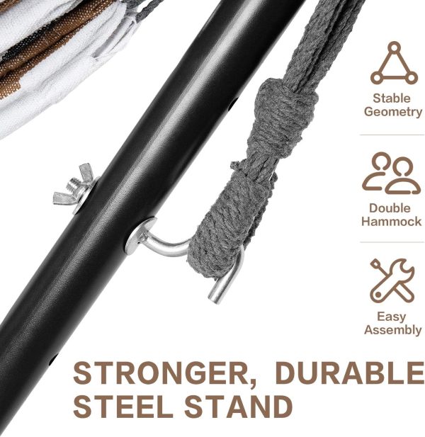 PNAEUT Double Hammock with Space Saving Steel Stand Included 2 Person Heavy Duty Outside Garden Yard Outdoor 450lb Capacity 2 People Standing Hammocks and Portable Carrying Bag (Coffee) - Image 5