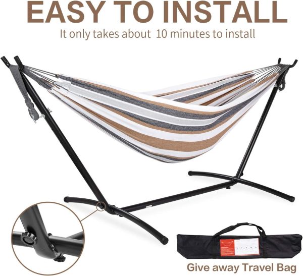 PNAEUT Double Hammock with Space Saving Steel Stand Included 2 Person Heavy Duty Outside Garden Yard Outdoor 450lb Capacity 2 People Standing Hammocks and Portable Carrying Bag (Coffee) - Image 6