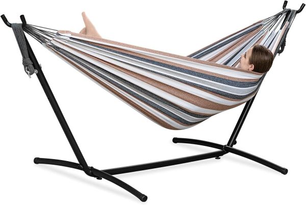 PNAEUT Double Hammock with Space Saving Steel Stand Included 2 Person Heavy Duty Outside Garden Yard Outdoor 450lb Capacity 2 People Standing Hammocks and Portable Carrying Bag (Coffee) - Image 7