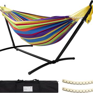 SZHLUX Double Hammock with Stand Included 450lb Capacity Steel Stand, Premium Carry Bag Included and Two Anti Roll Balance Beam