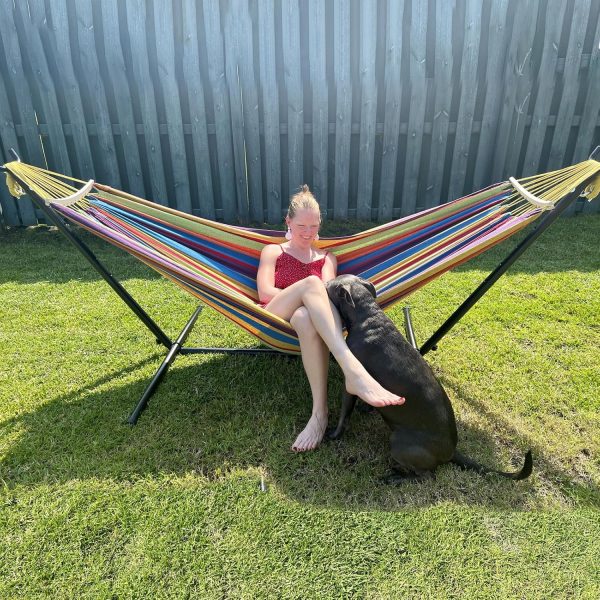 SZHLUX Double Hammock with Stand Included 450lb Capacity Steel Stand, Premium Carry Bag Included and Two Anti Roll Balance Beam - Image 2